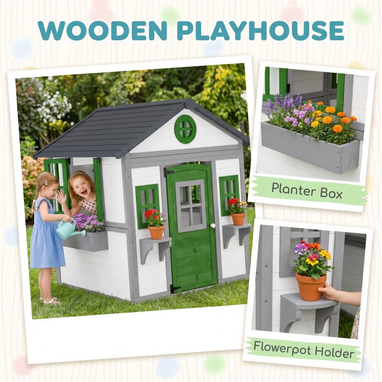 White wooden playhouse with green door plus flower planter boxes and pot holder ledges