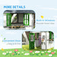 White wooden playhouse with green door and side windows, showing convenient entry detail