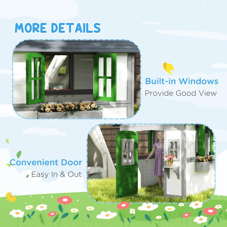White wooden playhouse with green door and side windows, showing convenient entry detail