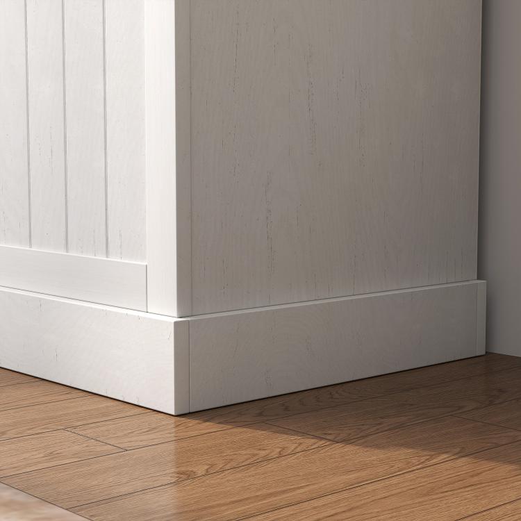 Cream white hall tree base with lower storage panel, corner view