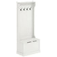Cream white hall tree with coat hooks and lower bench storage cabinet