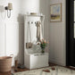 Cream white hall tree with coat hooks, lower bench, and top shelf