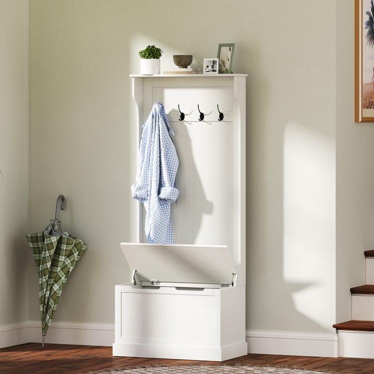 Cream white hall tree with coat hooks and raised storage bench lid