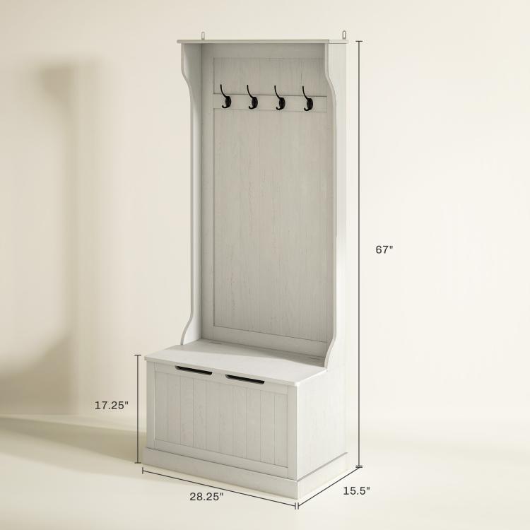 Cream white hall tree with coat hooks and storage bench with front panel