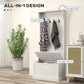 Cream white hall tree with coat rack, storage shelf, and hinged storage bench
