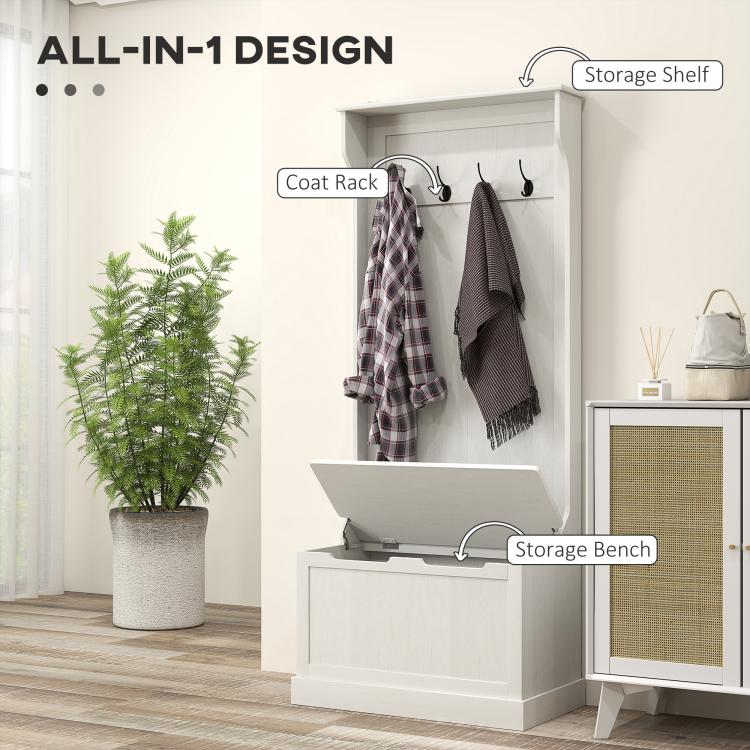 Cream white hall tree with coat rack, storage shelf, and hinged storage bench