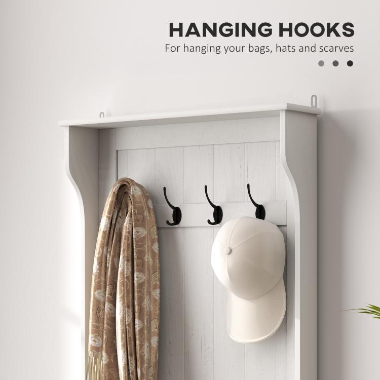 Cream white coat rack cabinet with hanging hooks and side hat display