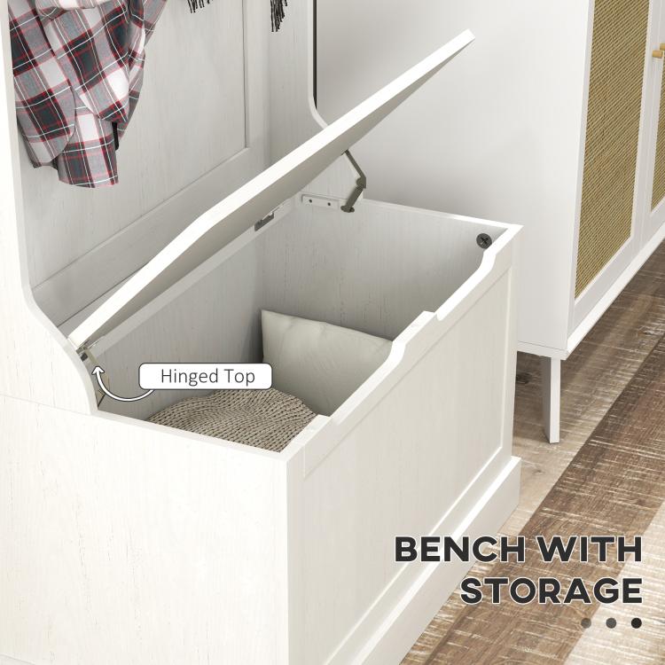 Cream white storage bench with hinged lid and empty interior compartment