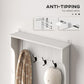 Cream white hall tree with wall-mounted anti-tip support and coat hooks