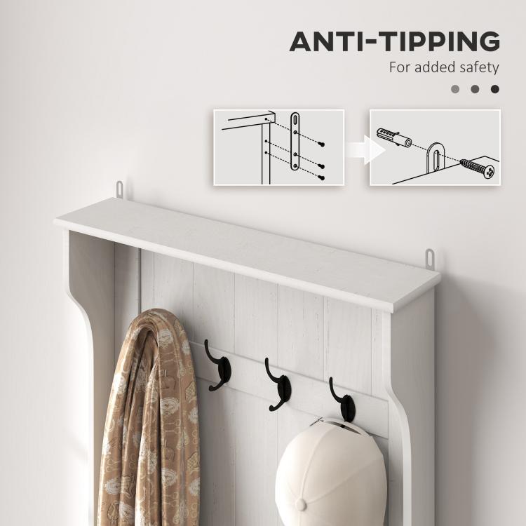Cream white hall tree with wall-mounted anti-tip support and coat hooks
