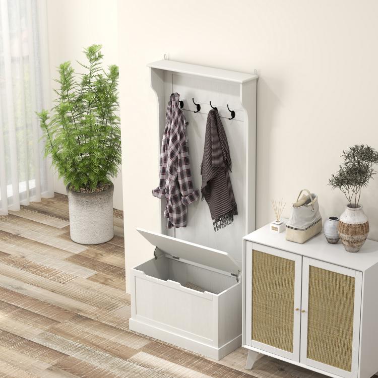 Cream white hall tree with hanging hooks, open storage bench, and woven cabinet doors