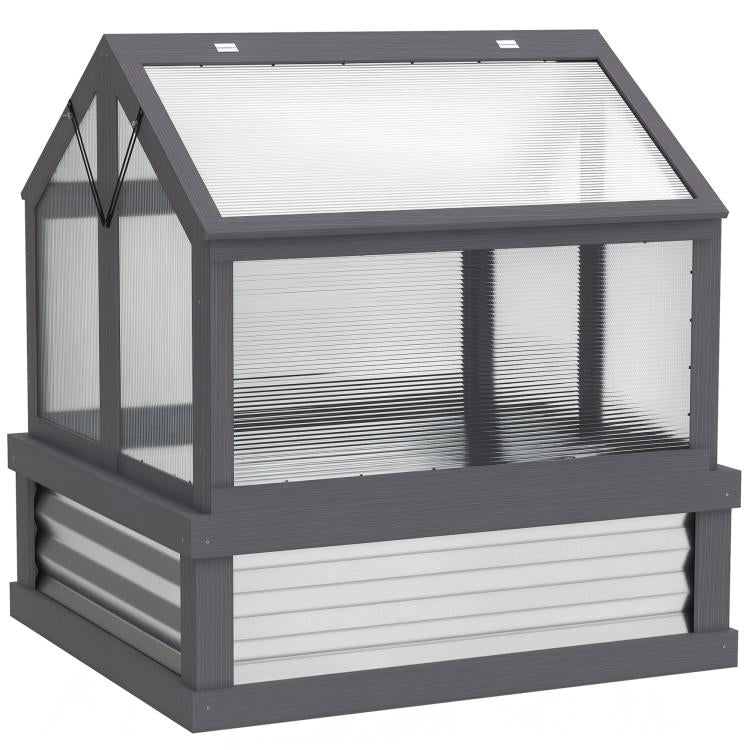 Gray raised garden cold frame with greenhouse roof and clear side panels