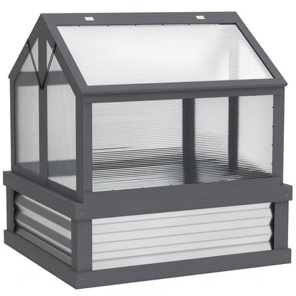 Gray raised garden cold frame with greenhouse roof and clear side panels