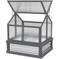 Gray greenhouse cold frame with clear panels and hinged open roof frame