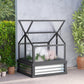 Gray raised cold frame greenhouse with clear panels and open roof