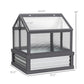 Gray raised garden greenhouse cold frame with clear panels and labeled size