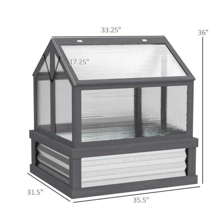 Gray raised garden greenhouse cold frame with clear panels and labeled size
