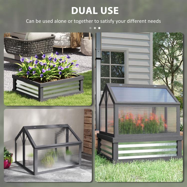 Gray raised greenhouse cold frame with clear top panel and lower planting area