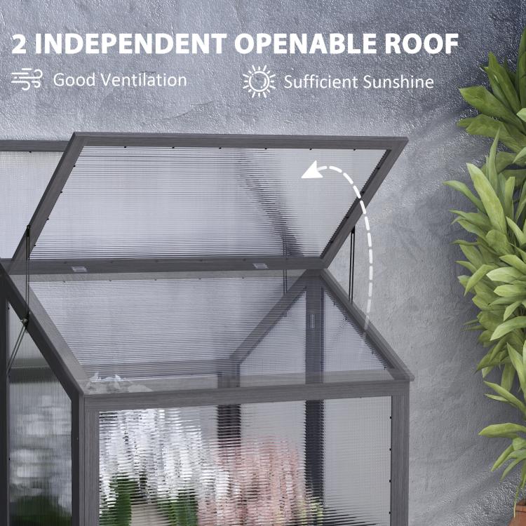 Gray raised greenhouse cold frame with independent openable roof and clear panels