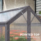 Gray greenhouse cold frame with pointed top and clear side glazing