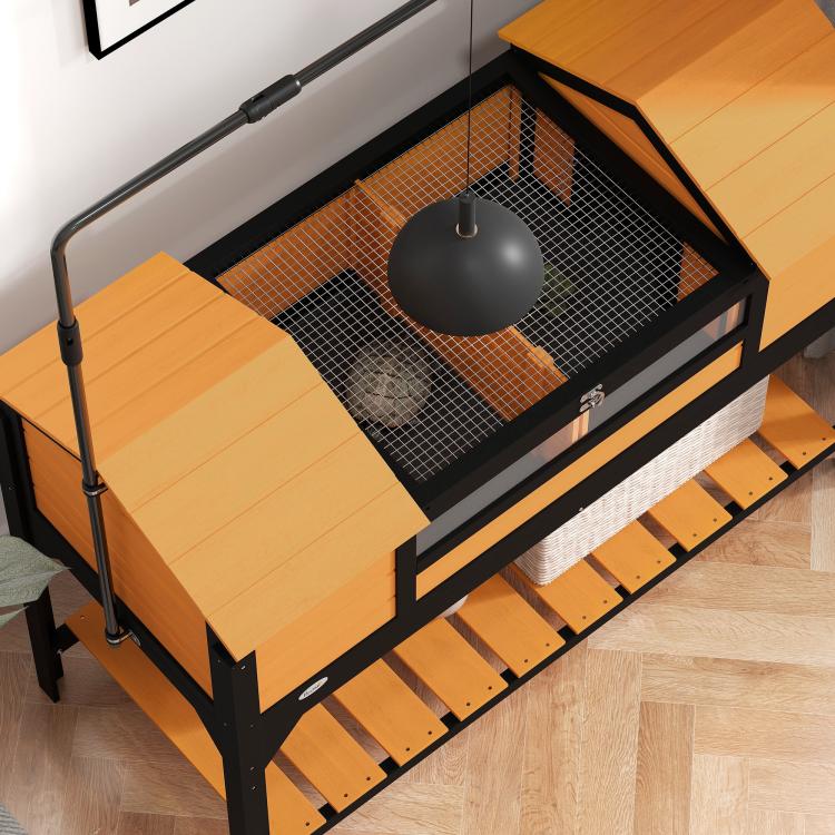 Tortoise enclosure with open lid, black mesh top and hanging lamp holder