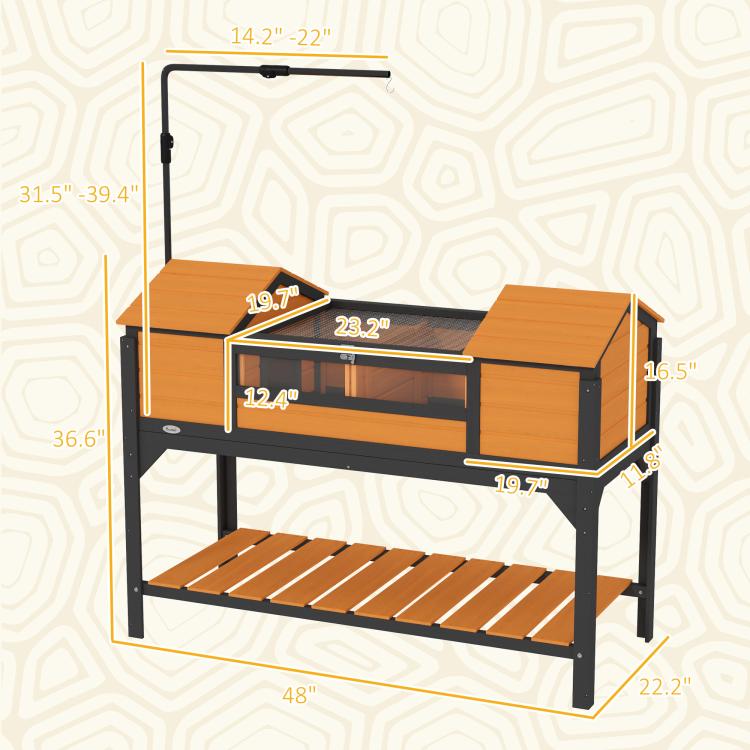 Yellow tortoise enclosure with front window and hinged tops, shown with size diagram