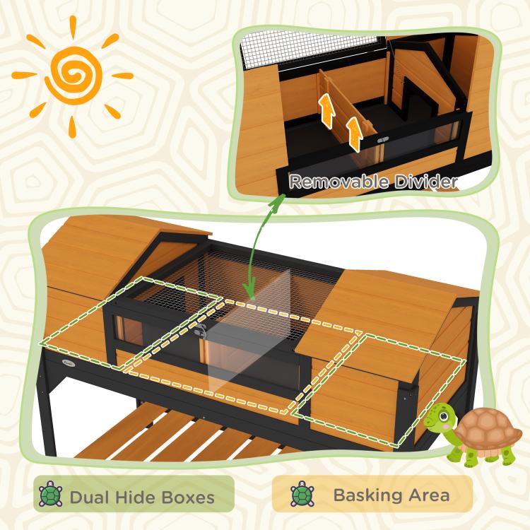 Yellow tortoise enclosure with removable divider and mesh interior basing area