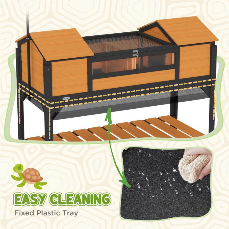 Yellow tortoise enclosure with open front window and removable tray for easy cleaning