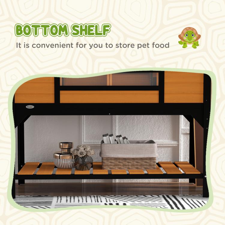 Yellow tortoise enclosure with bottom shelf for storage under the main basking area