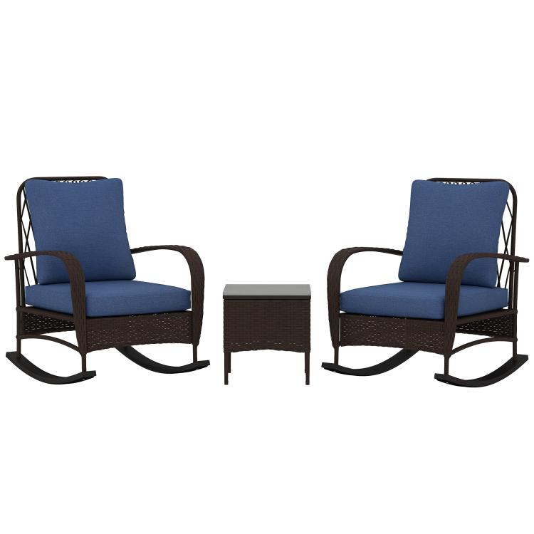 Brown PE rattan rocking chair with blue seat and back cushions
