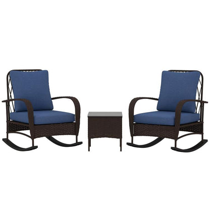 Brown PE rattan rocking chair with blue seat and back cushions
