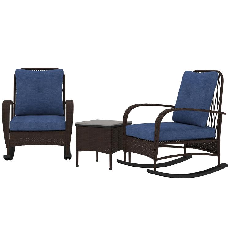 Brown PE rattan rocking chairs with blue cushions and a gray-top coffee table