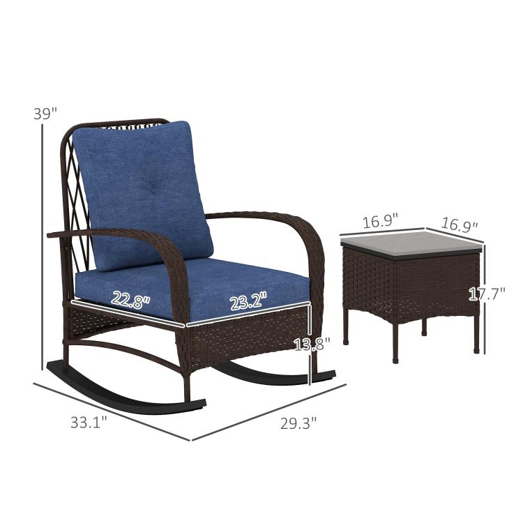 Brown PE rattan rocking chair set with matching coffee table and gray top