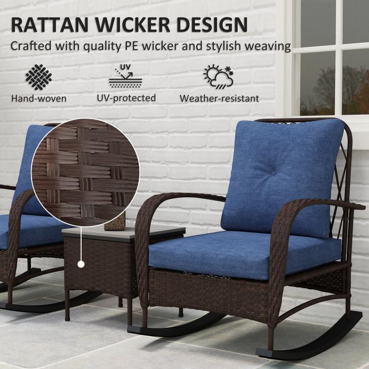 Brown PE rattan rocking chair with blue cushion and visible woven side pattern