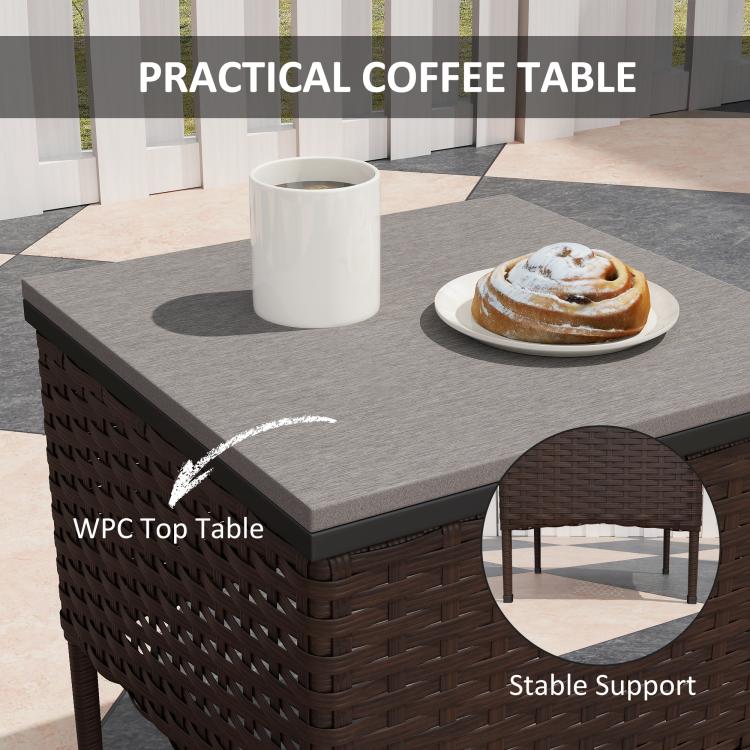 Square coffee table with gray top and brown woven rattan-style sides