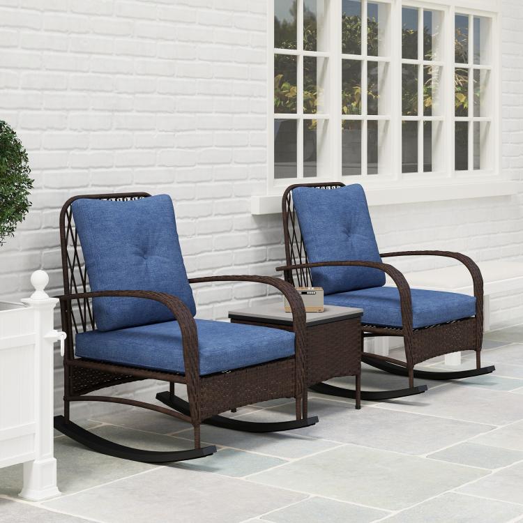 Brown PE rattan rocking chairs with blue cushions in an outdoor setting
