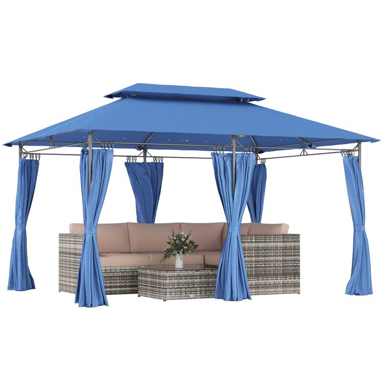 Outdoor double-roof gazebo with blue curtains and open seating area underneath