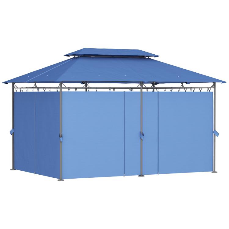 Dark blue outdoor gazebo with side panels and hanging curtains, double-roof design