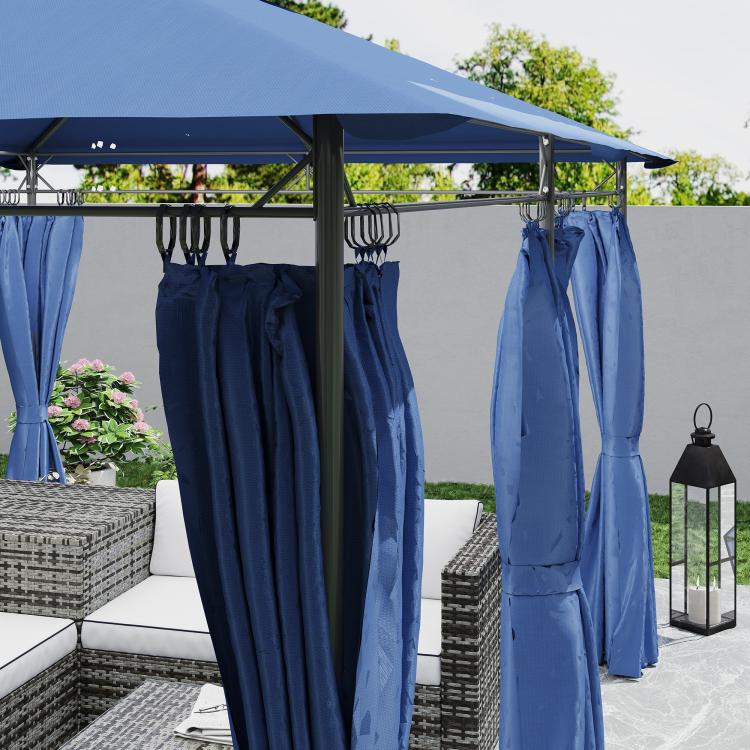 Dark blue outdoor gazebo with hanging side curtains, roof canopy and support posts