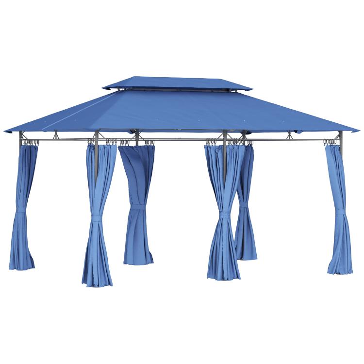 Blue double-roof outdoor gazebo with full set of hanging curtains and canopy roof