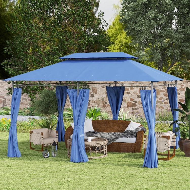 Blue outdoor gazebo with hanging curtains over patio seating on a lawn