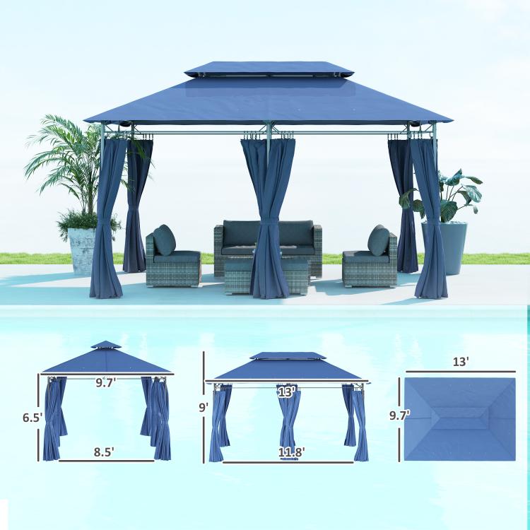 Dark blue double-roof gazebo with curtains, showing size diagram and covered seating