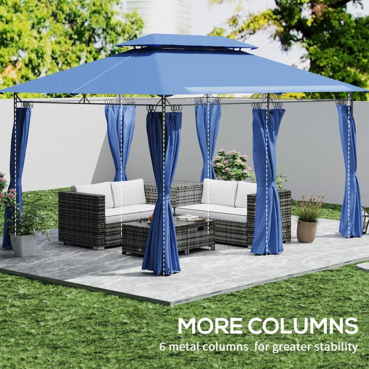 Blue patio gazebo with removable-style curtains, double roof, and four corner posts