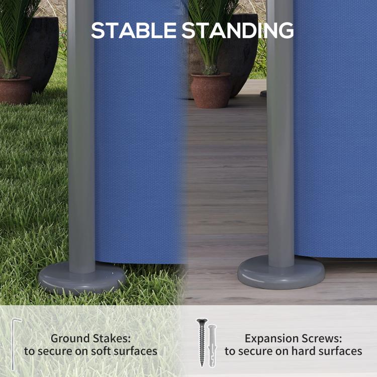 Gazebo base with blue fabric curtains and two gray ground stakes on grass