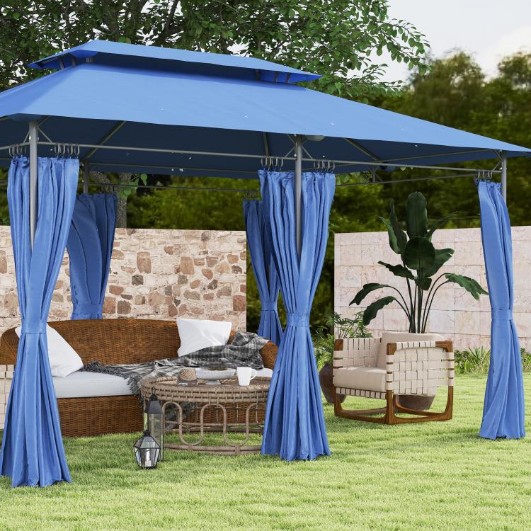 Outdoor gazebo with blue curtains and double roof, interior seating and lanterns