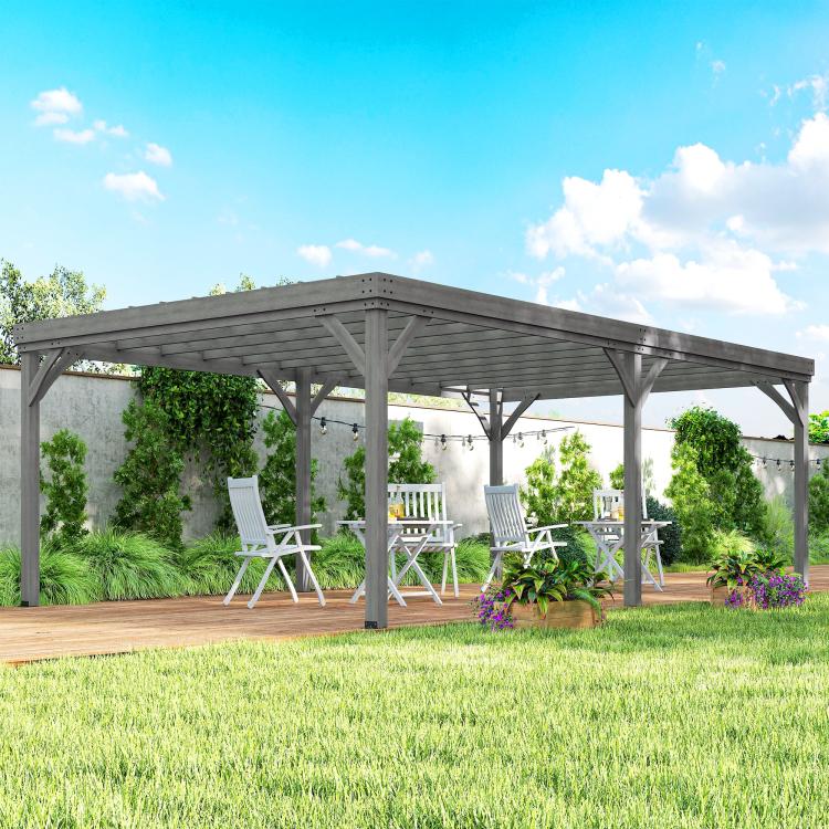Gray outdoor wooden pergola with open lattice roof and four support posts