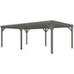 Gray wooden pergola frame with slatted roof and four corner legs, side view