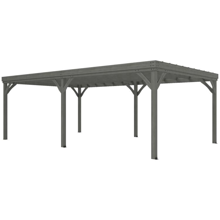 Gray wooden pergola frame with slatted roof and four corner legs, side view