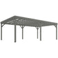 Gray wooden pergola frame with lattice-style roof and four corner posts