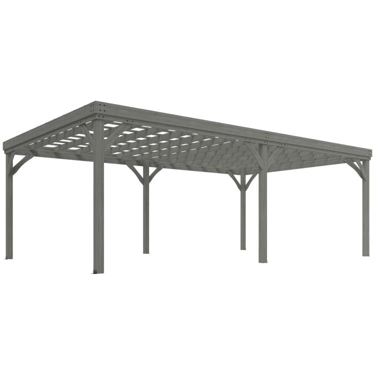 Gray wooden pergola frame with lattice-style roof and four corner posts